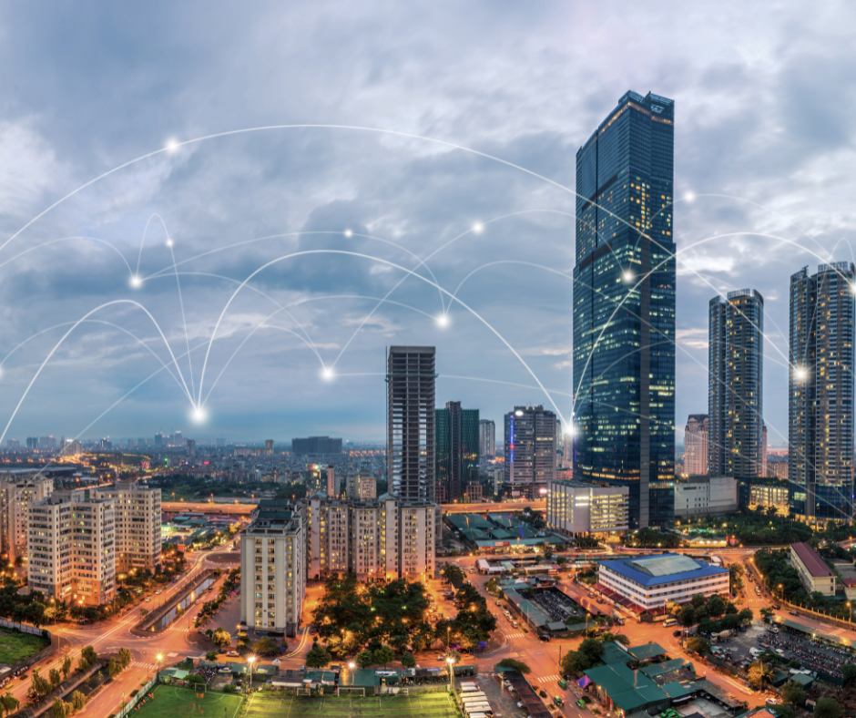 Gruppo di edifici in città basati su building automation.