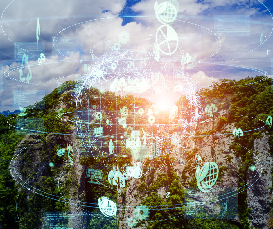 Foto dell'ambiente verde con simboli legati alla sostenibilità ambientale.